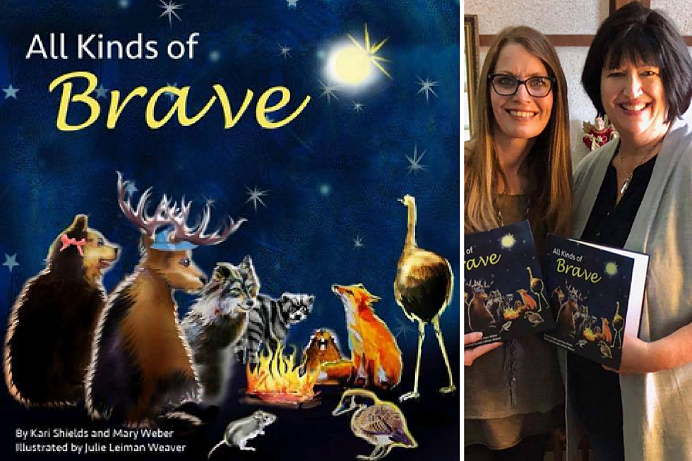 image of book cover titled All Kinds of Brave by Kari Shields and Mary Weber Illustrated by Julie Leiman Weaver and image of the co-authors holding a copy of their book