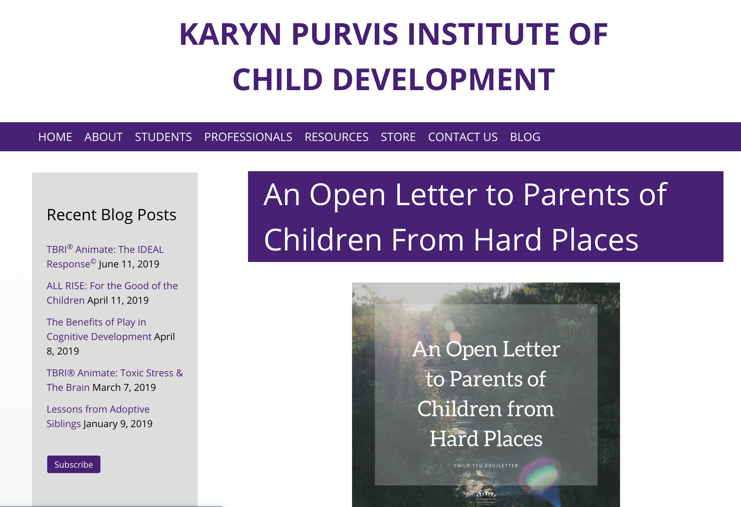 Image of Karyn Purvis Institute of Child Development Blog Post, An Open Letter to Parents of Children from Hard Places