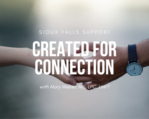 Image of people holding hands with the text Sioux Falls Support, Created for Connection with Mary Weber, MS, LPC, LMFT